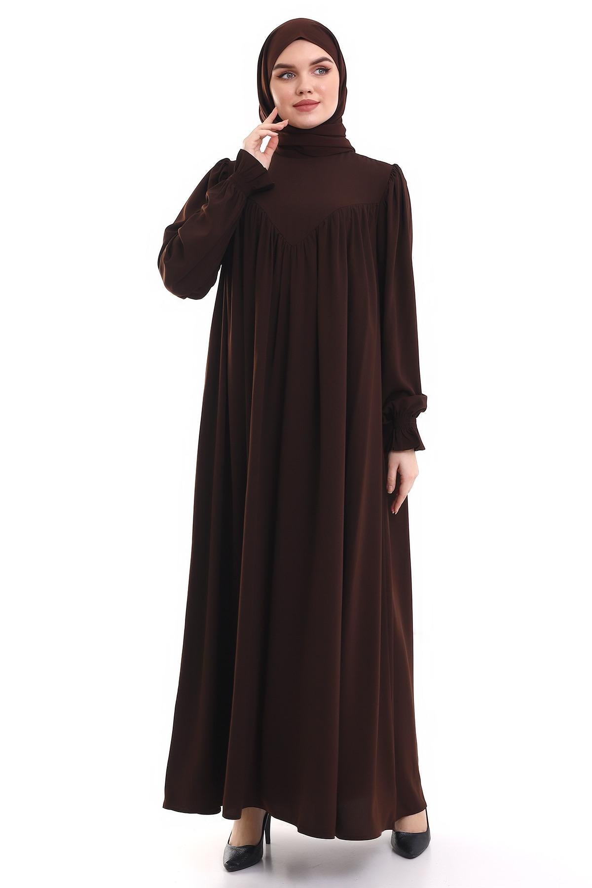 Robadan V Büzgülü Gipe Lastikli Manşetli Oversize Elbise – Acı Kahve