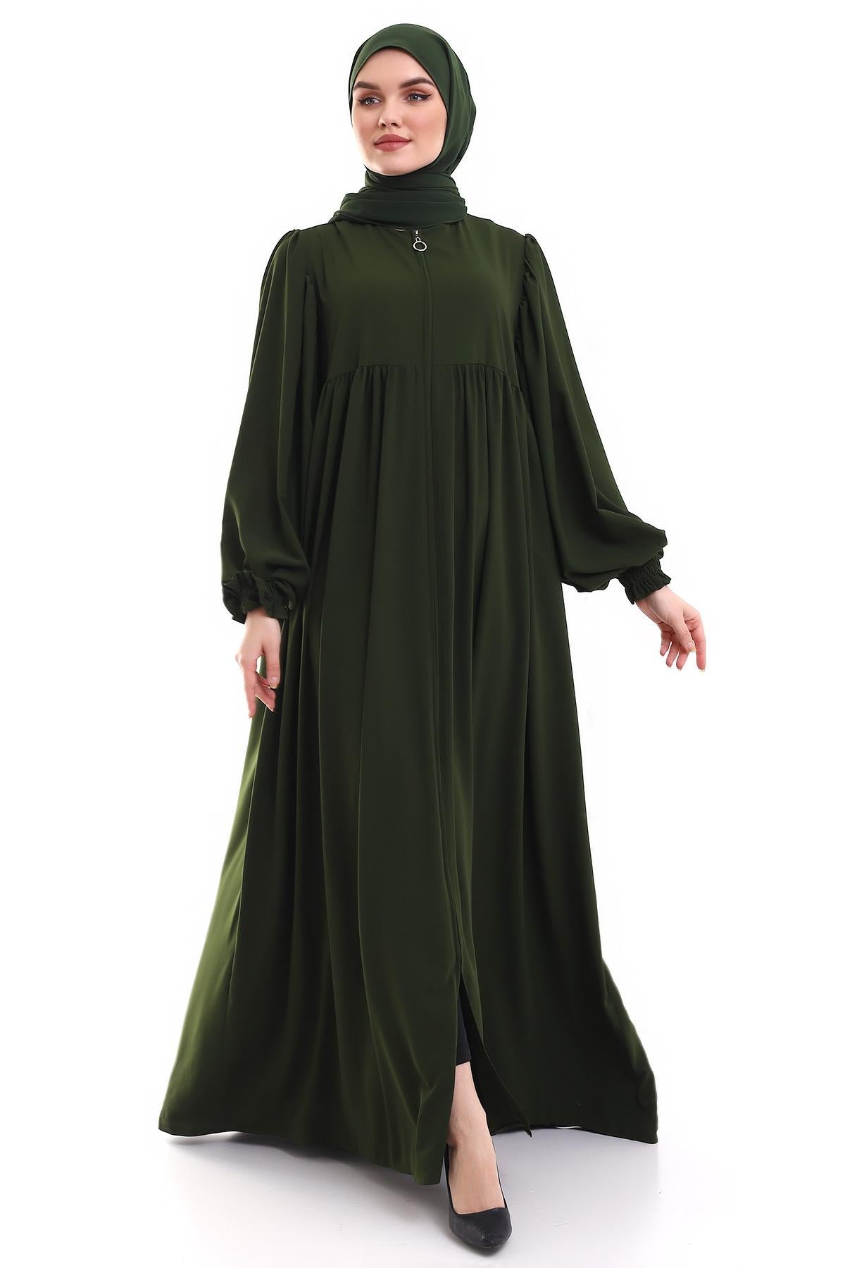 Ponçik Roba Detaylı Balon Kollu Dökümlü Ferace – Haki