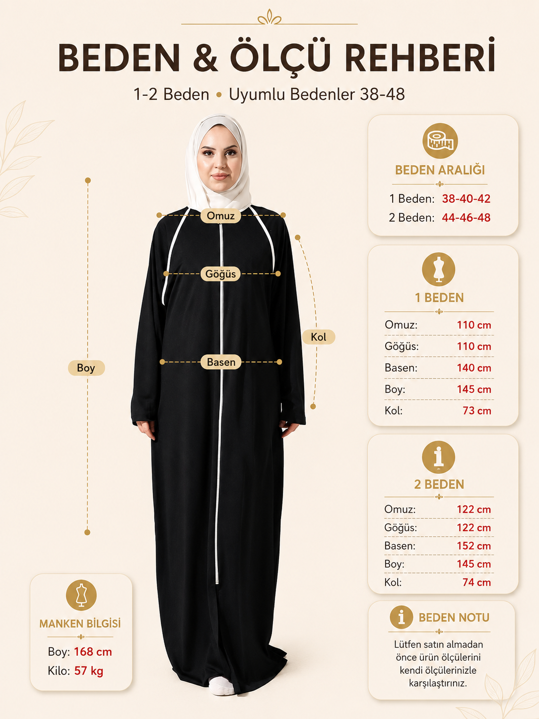 Boydan Fermuarlı Biyeli Oversize Denye Namaz Feracesi - Siyah