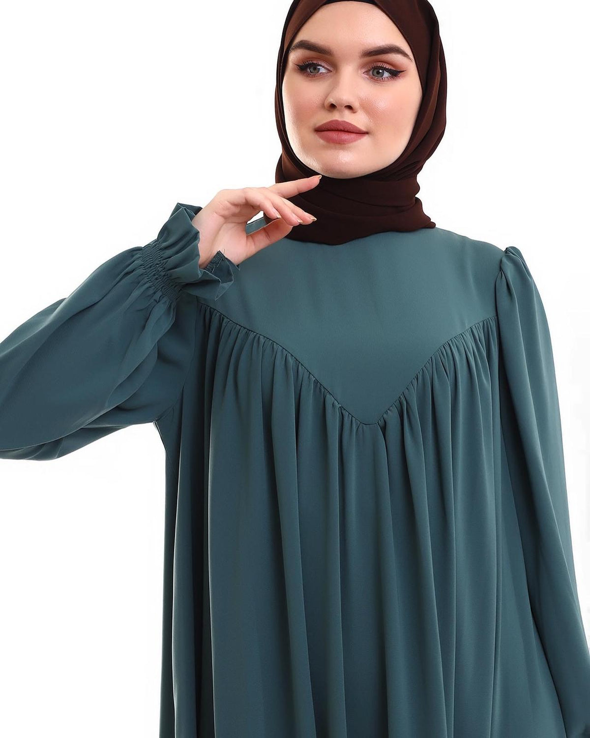 Robadan V Büzgülü Gipe Lastikli Manşetli Oversize Elbise – Çağla Yeşili