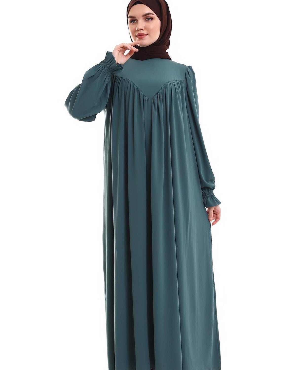 Robadan V Büzgülü Gipe Lastikli Manşetli Oversize Elbise – Çağla Yeşili