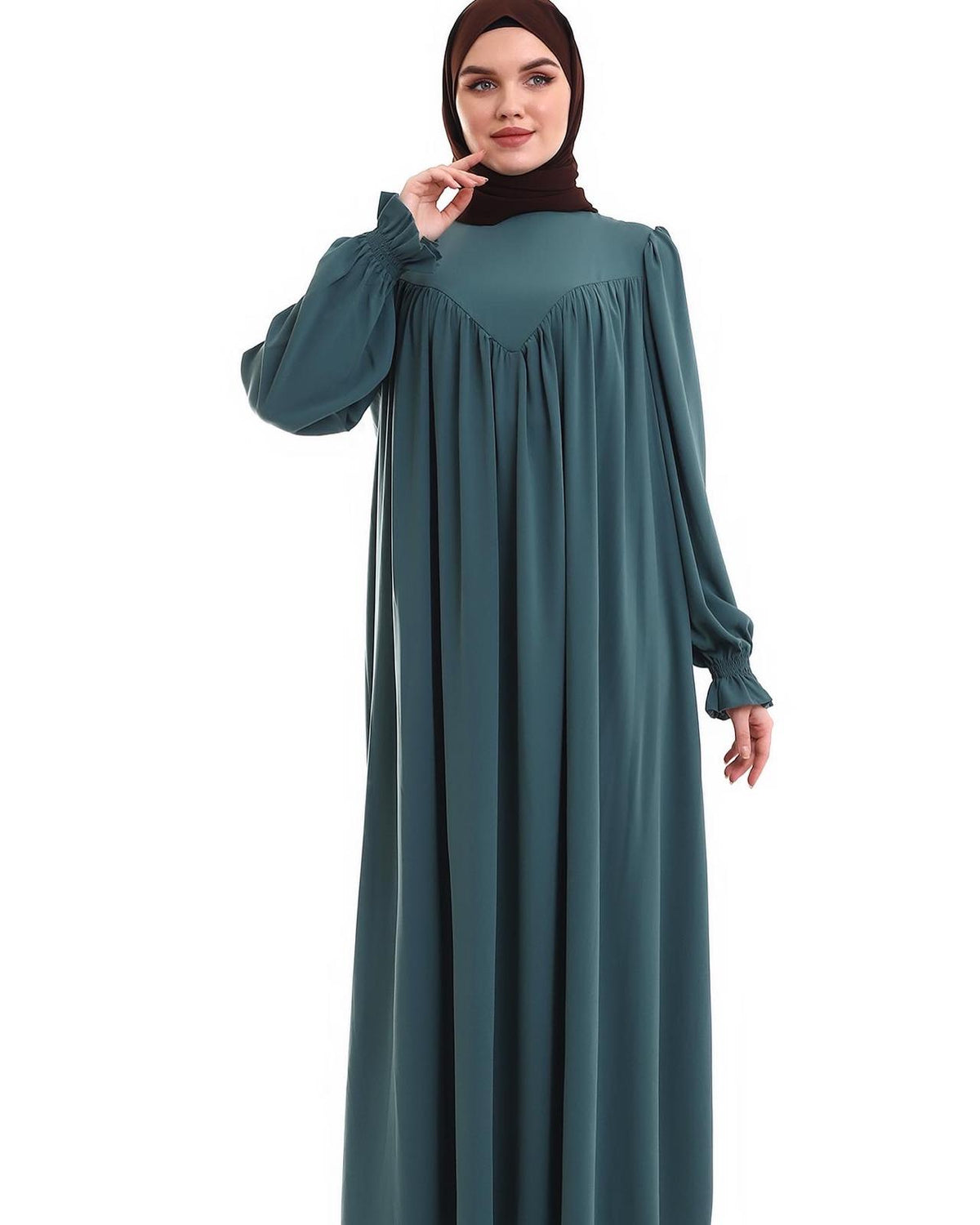 Robadan V Büzgülü Gipe Lastikli Manşetli Oversize Elbise – Çağla Yeşili