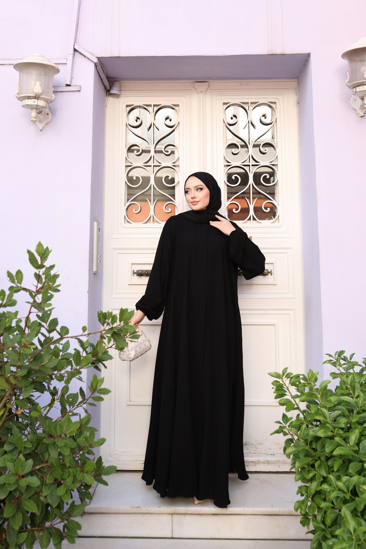 Mevlana Kesim Cepli Lastikli Manşetli Krep Ferace – Siyah