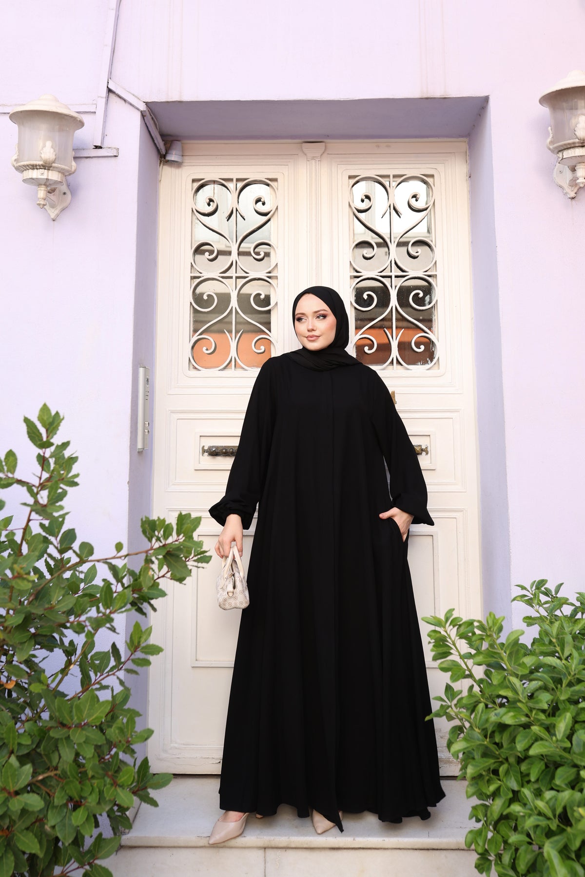 Mevlana Kesim Cepli Lastikli Manşetli Krep Ferace – Siyah