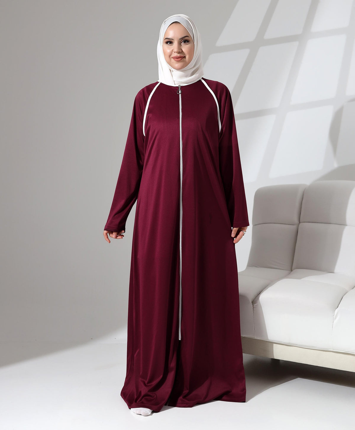 Boydan Fermuarlı Biyeli Oversize Denye Namaz Feracesi - Bordo
