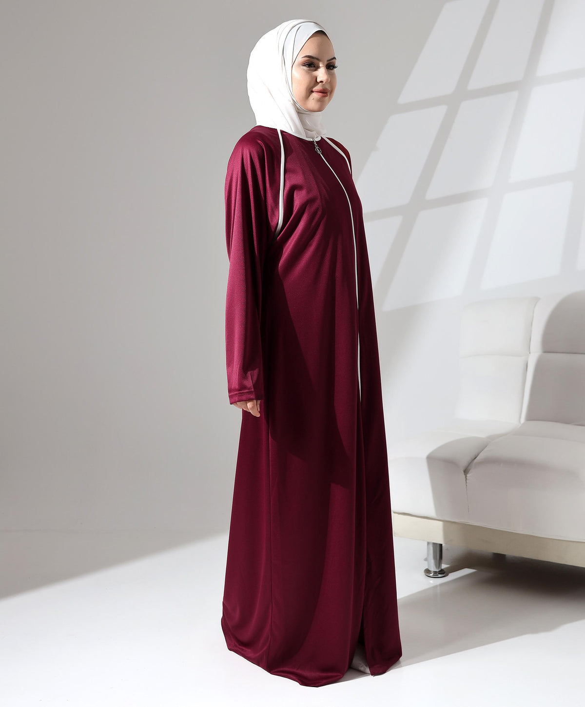 Boydan Fermuarlı Biyeli Oversize Denye Namaz Feracesi - Bordo