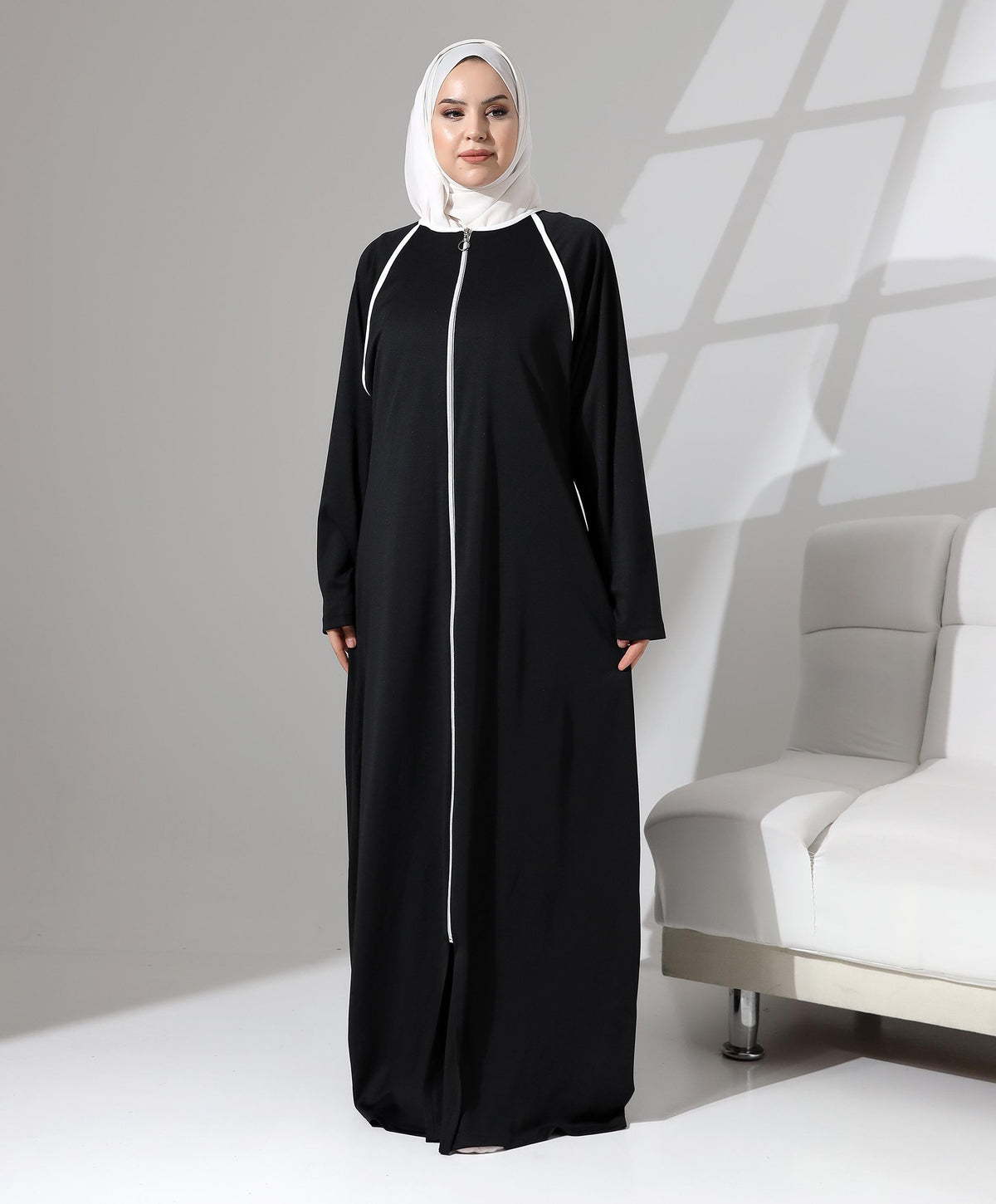 Boydan Fermuarlı Biyeli Oversize Denye Namaz Feracesi - Siyah