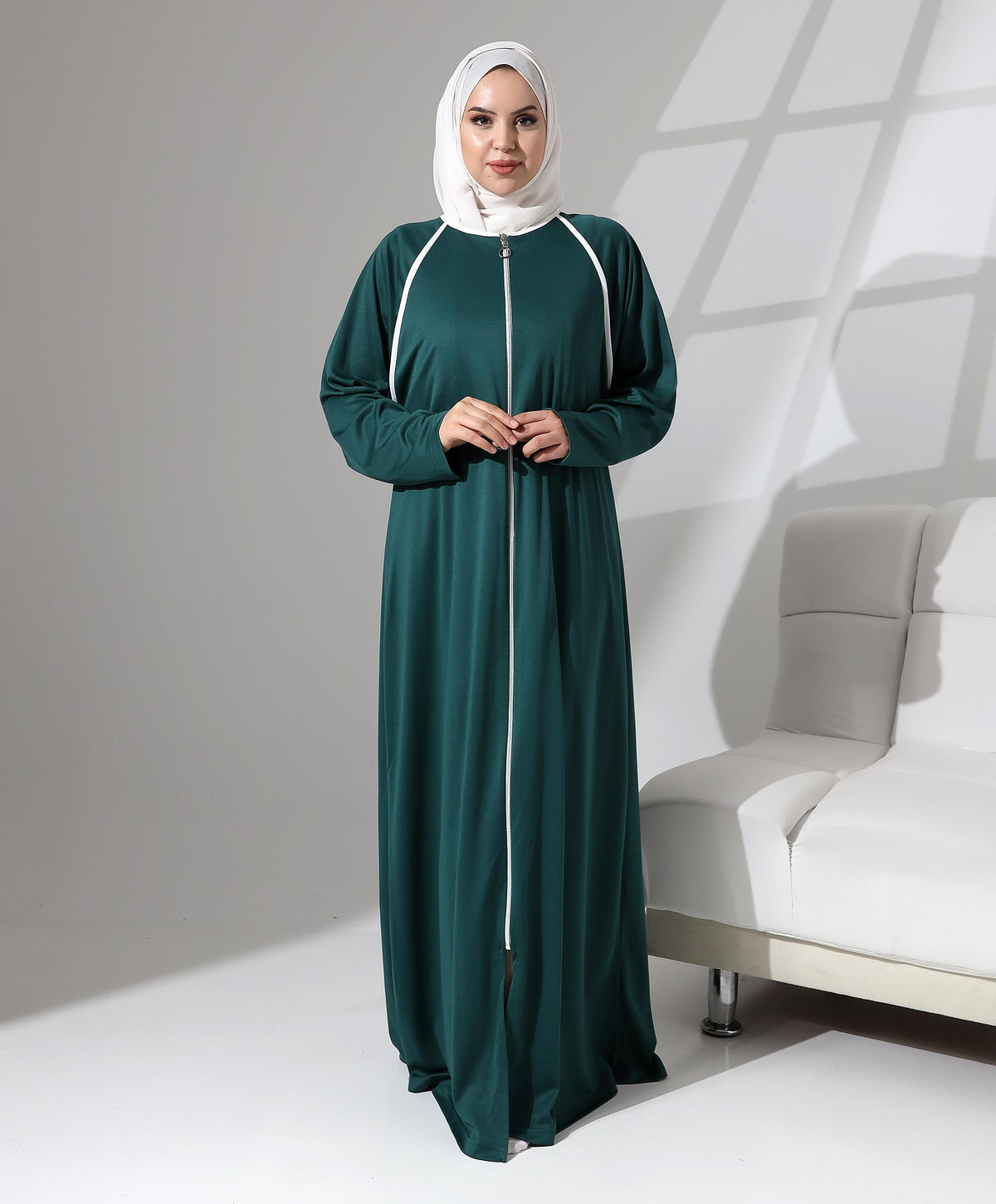 Boydan Fermuarlı Biyeli Oversize Denye Namaz Feracesi - Yeşil