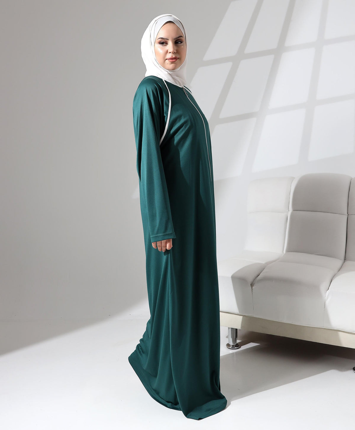 Boydan Fermuarlı Biyeli Oversize Denye Namaz Feracesi - Yeşil