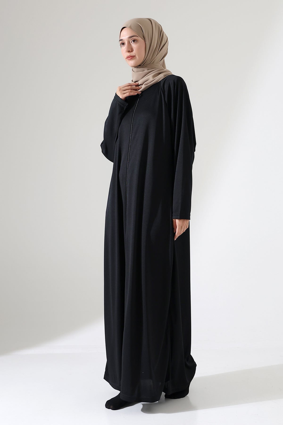Boydan Siyah Fermuarlı Oversize Denye Namaz Feracesi - Siyah