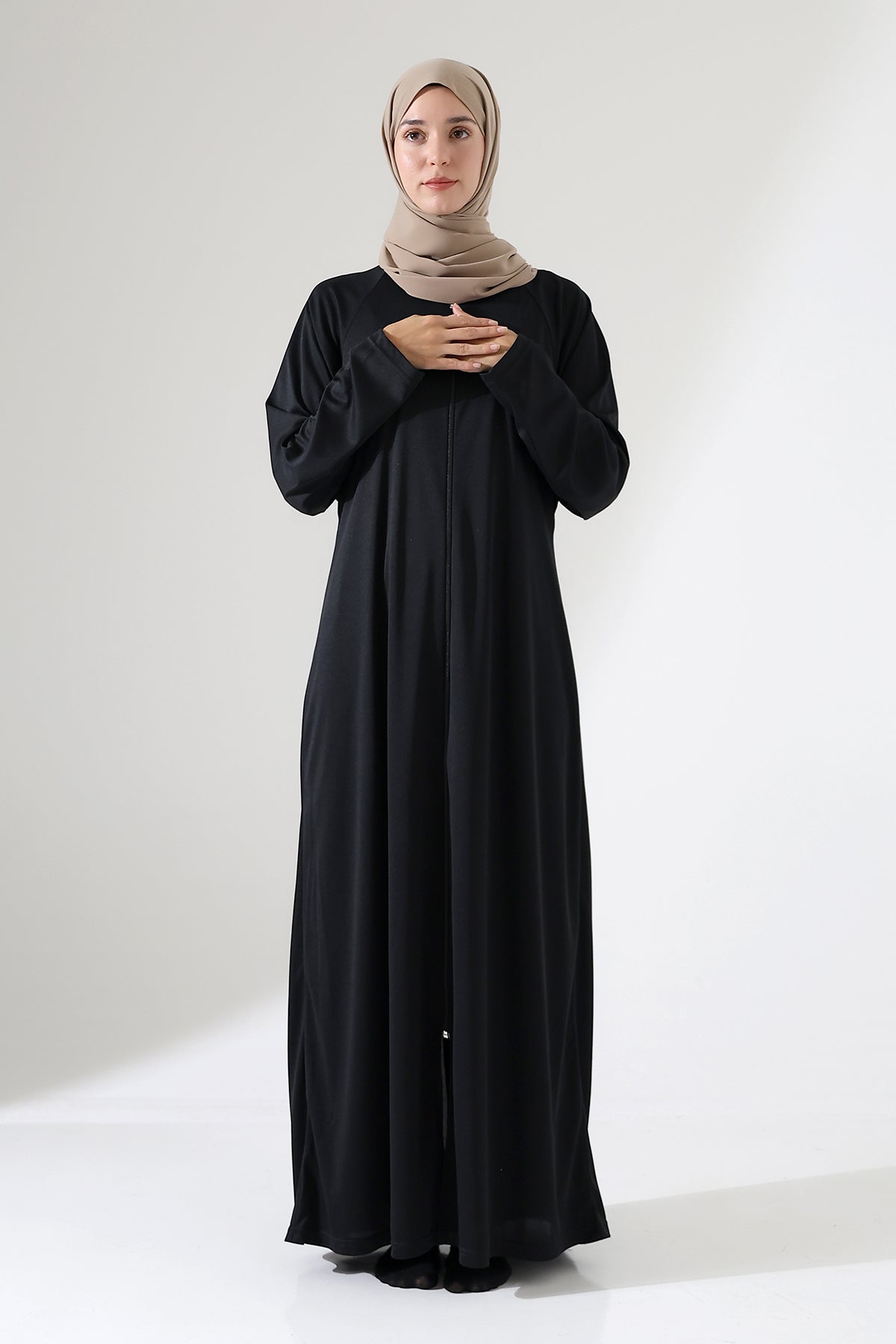Boydan Siyah Fermuarlı Oversize Denye Namaz Feracesi - Siyah