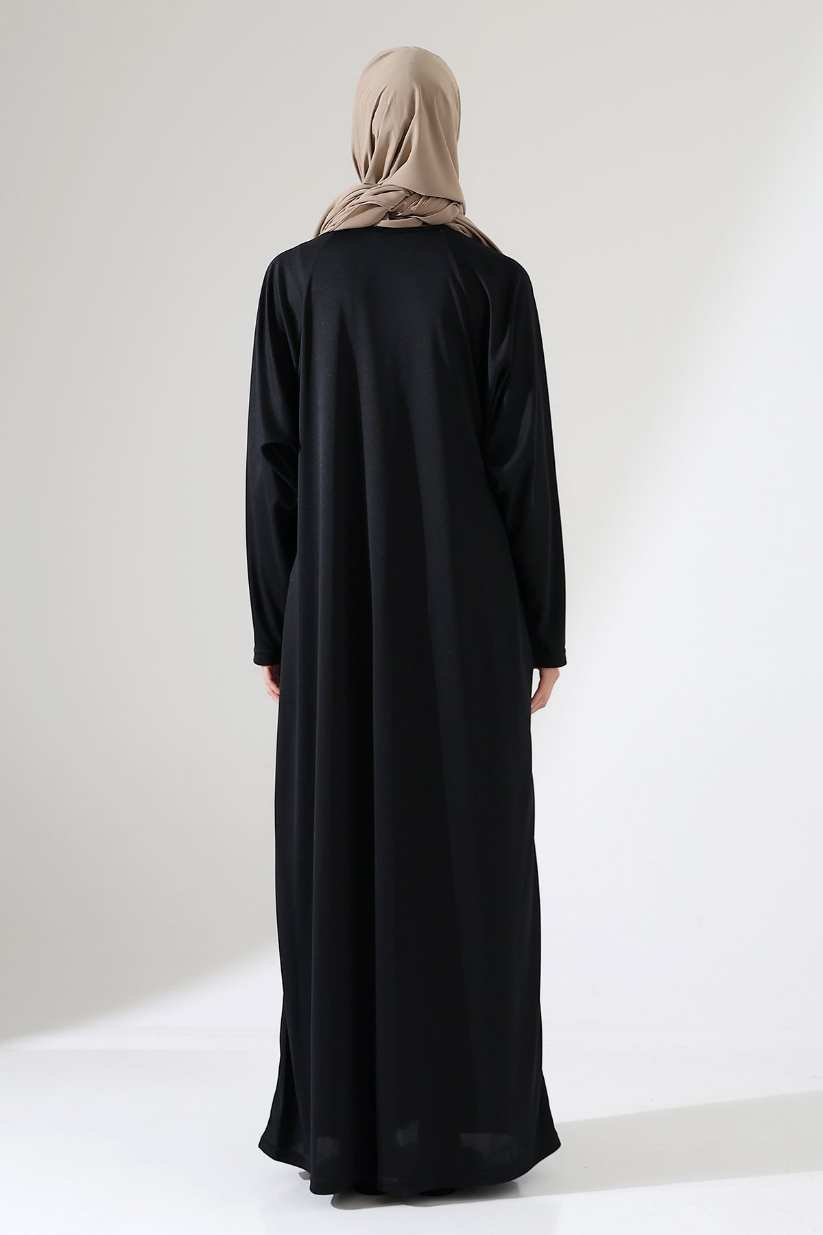 Boydan Siyah Fermuarlı Oversize Denye Namaz Feracesi - Siyah