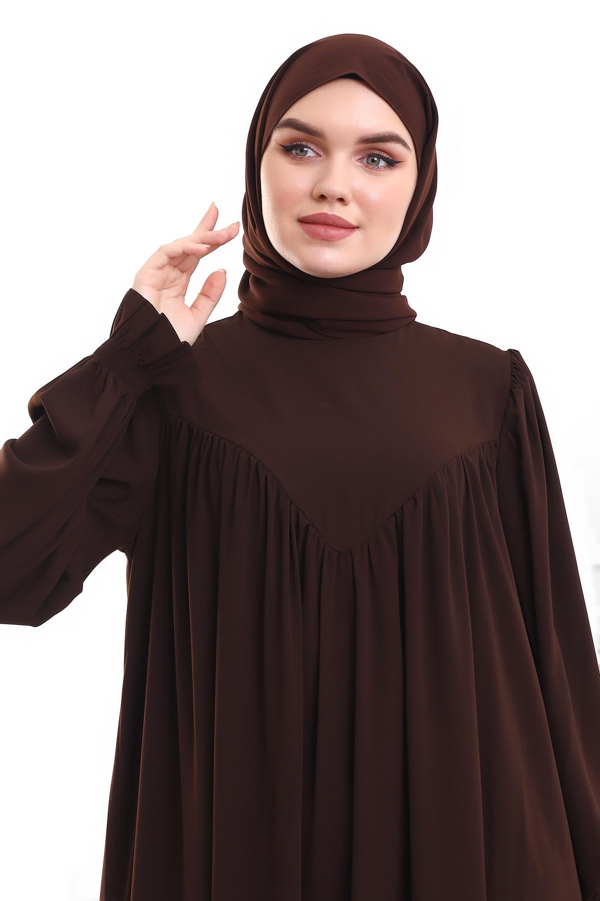 Robadan V Büzgülü Gipe Lastikli Manşetli Oversize Elbise – Acı Kahve