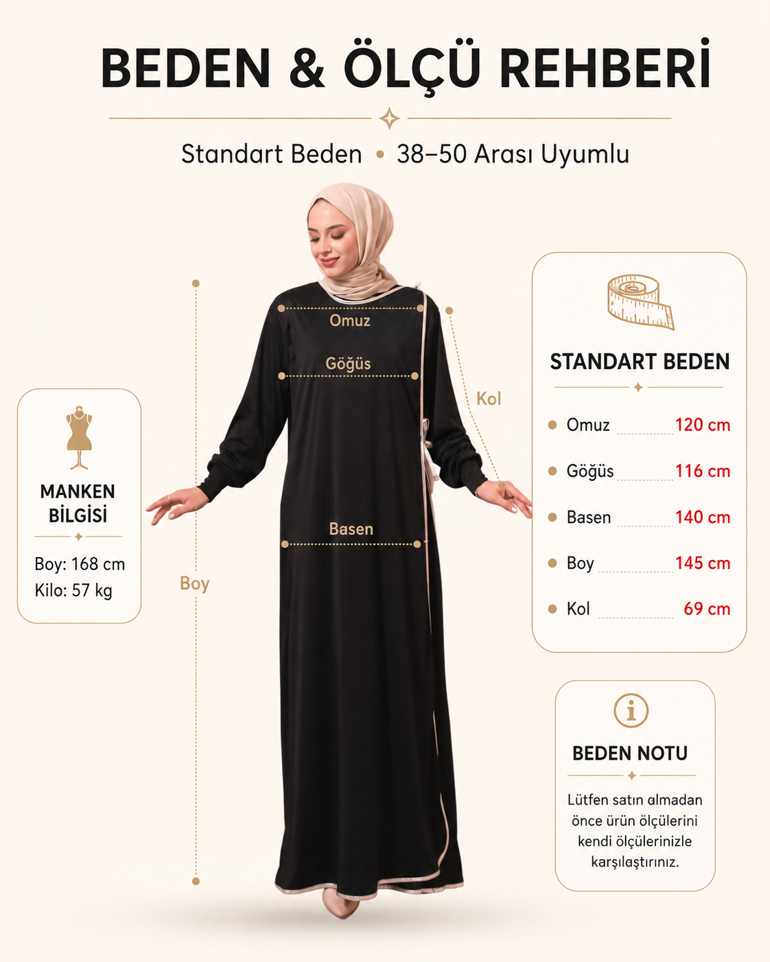 Elif Vav Nakışlı Biyeli Oversize Denye Namaz Feracesi - Bej