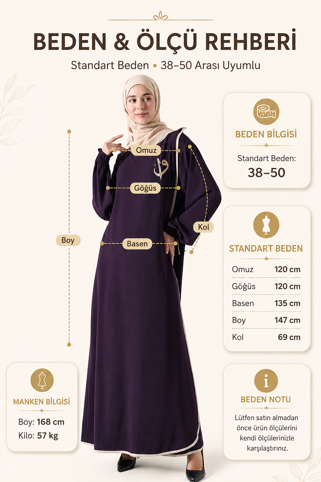 Elif Vav Nakışlı Çıtçıtlı Mısır İpeği Ferace – Bej