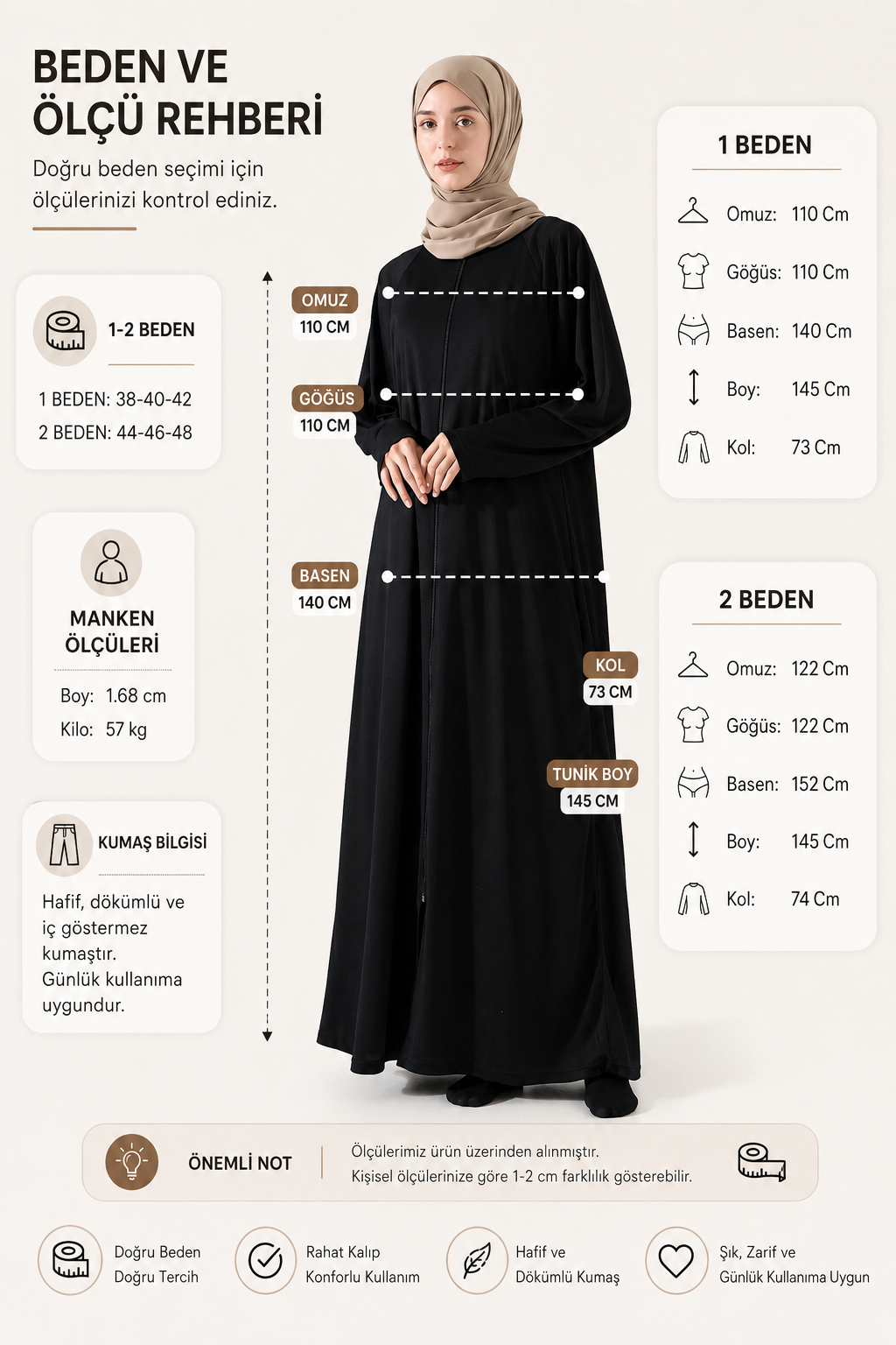 Boydan Siyah Fermuarlı Oversize Denye Namaz Feracesi - Siyah