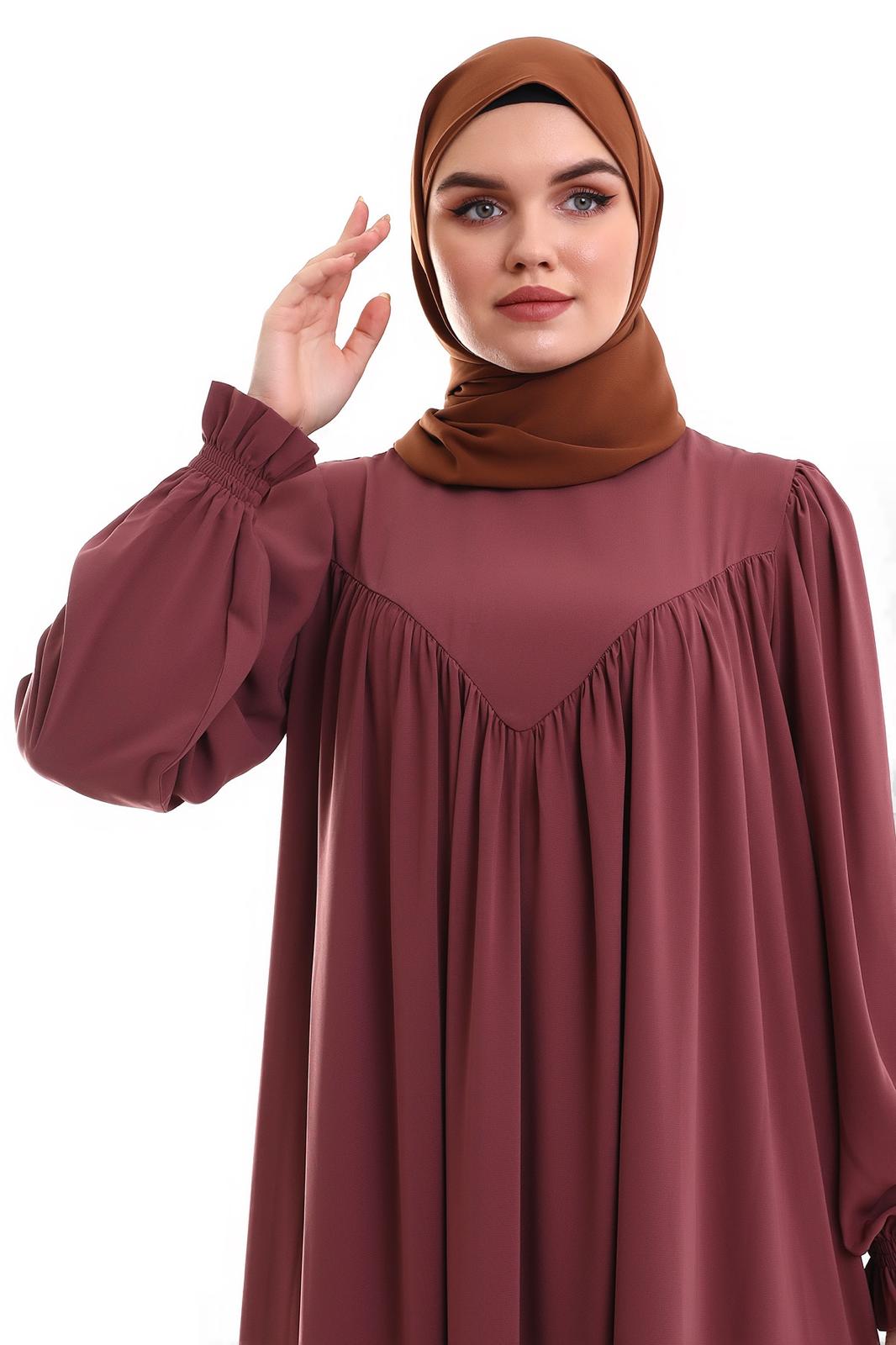 Robadan V Büzgülü Gipe Lastikli Manşetli Oversize Elbise – Gül Kurusu