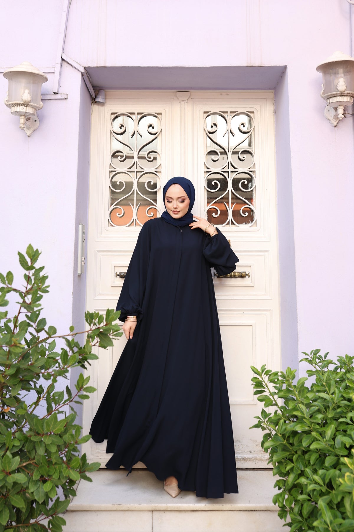 Mevlana Kesim Cepli Lastikli Manşetli Krep Ferace – Lacivert