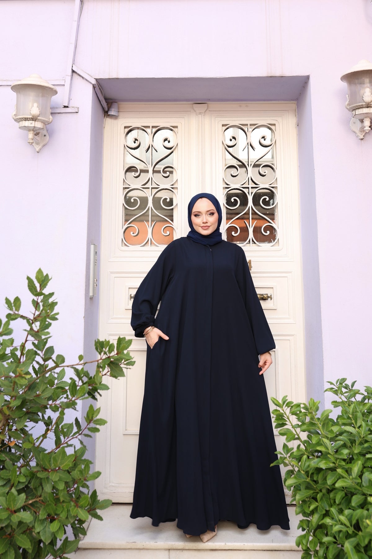 Mevlana Kesim Cepli Lastikli Manşetli Krep Ferace – Lacivert