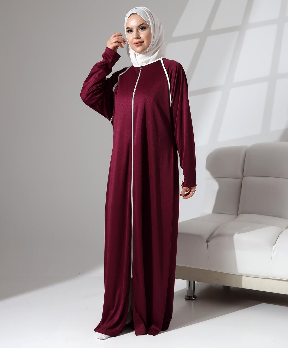 Boydan Fermuarlı Biyeli Oversize Denye Namaz Feracesi - Bordo