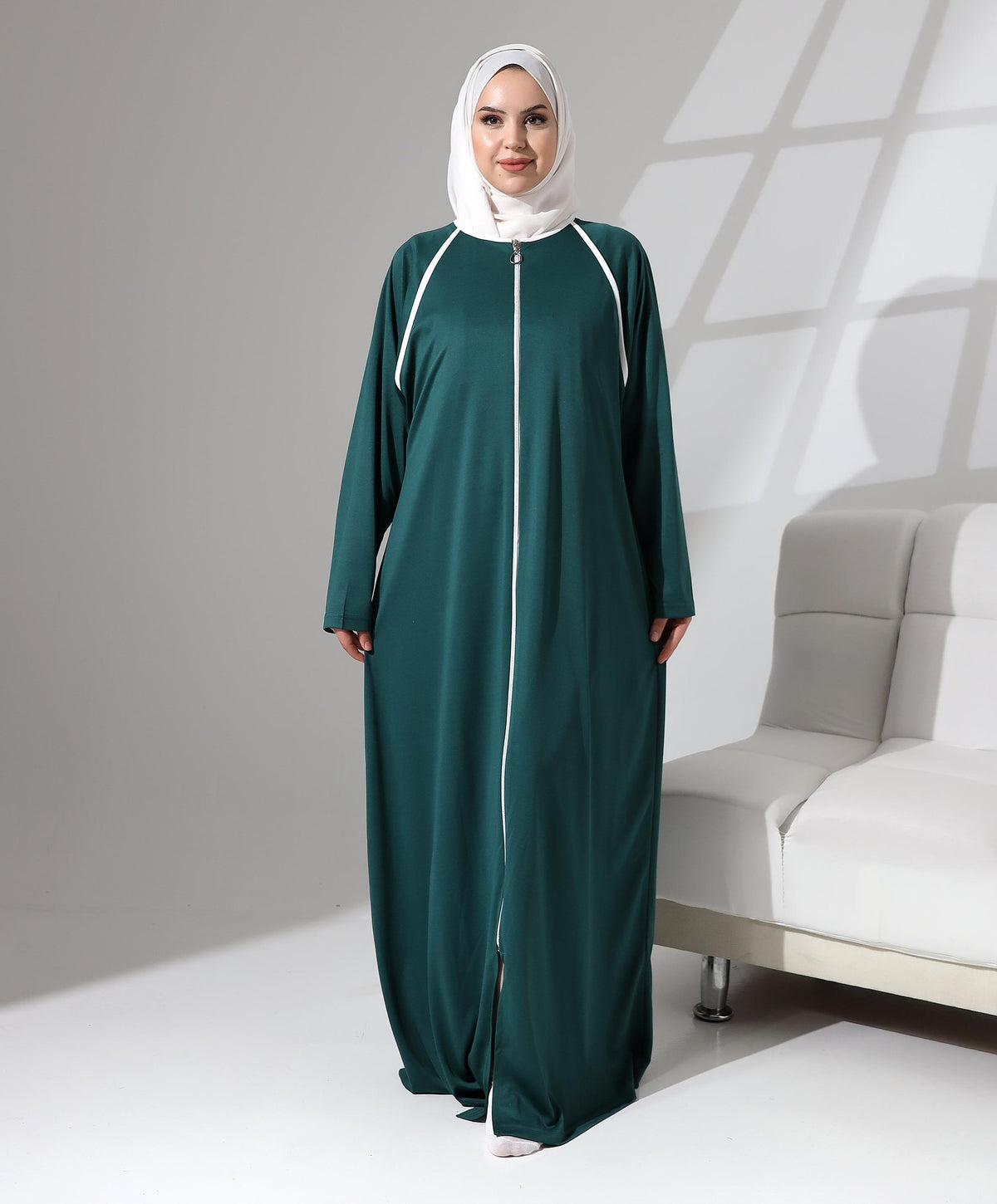 Boydan Fermuarlı Biyeli Oversize Denye Namaz Feracesi - Yeşil