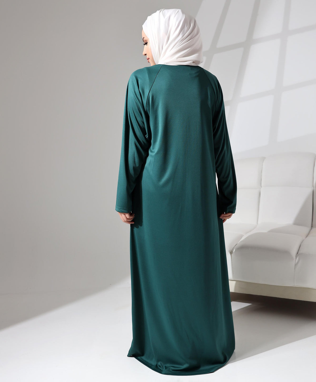 Boydan Fermuarlı Biyeli Oversize Denye Namaz Feracesi - Yeşil
