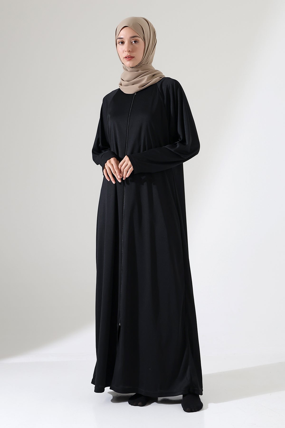 Boydan Siyah Fermuarlı Oversize Denye Namaz Feracesi - Siyah