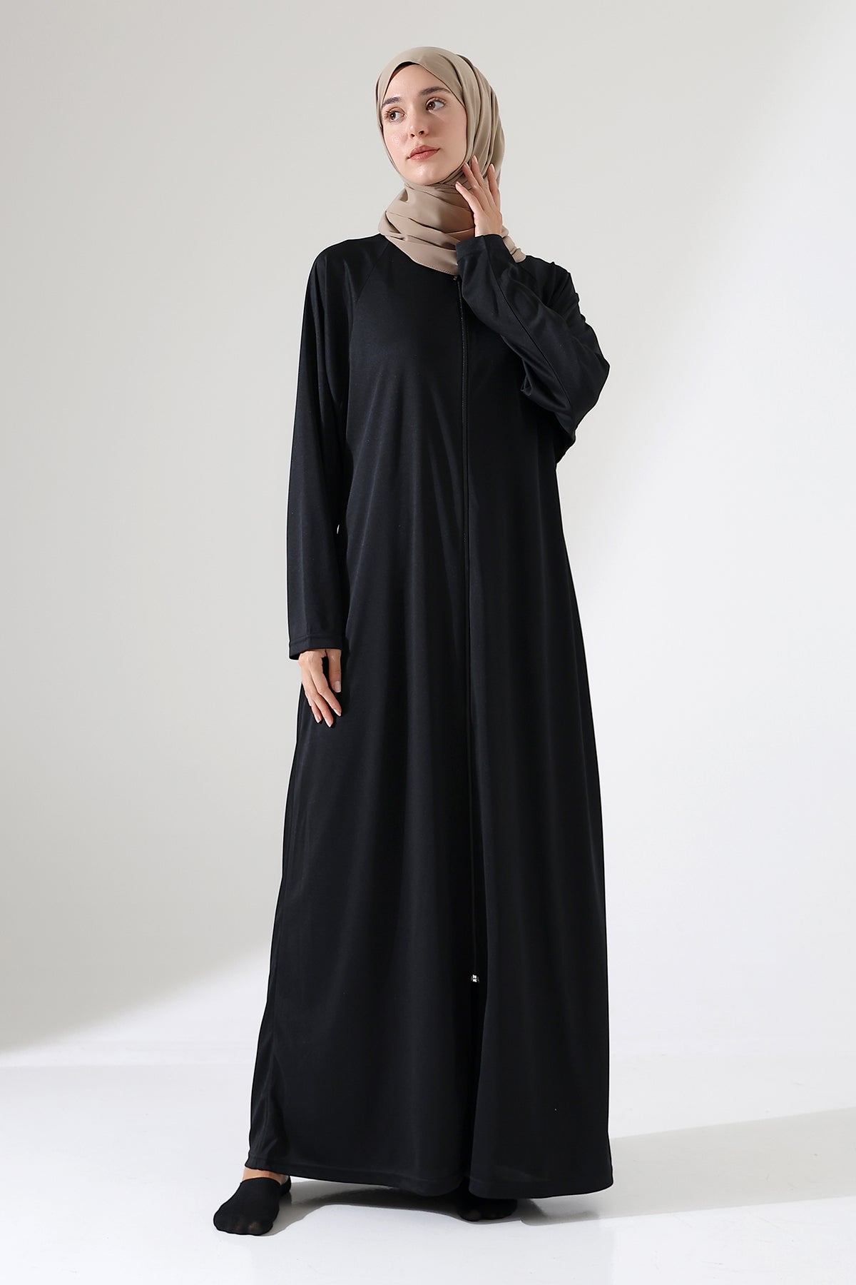 Boydan Siyah Fermuarlı Oversize Denye Namaz Feracesi - Siyah