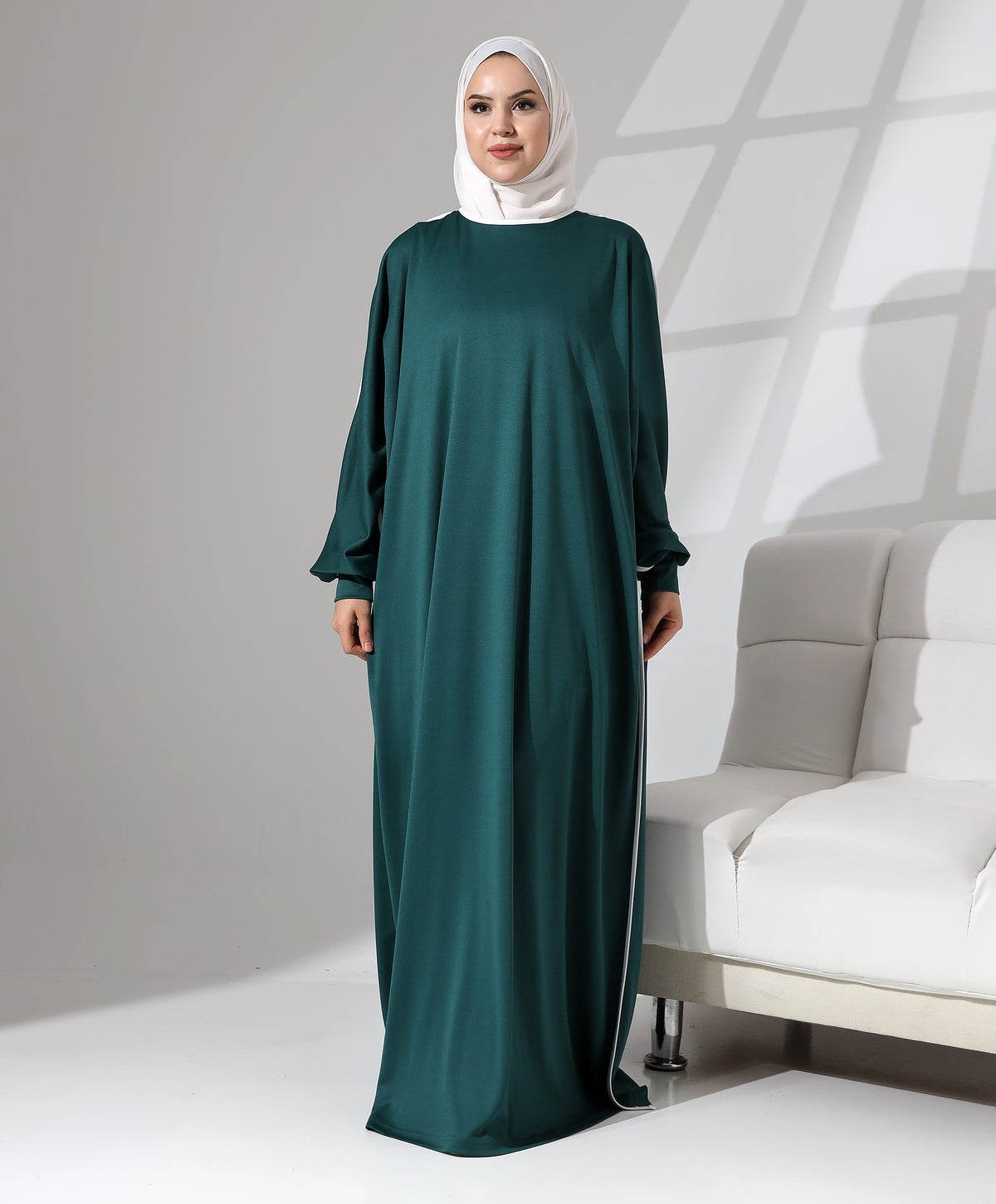 Manşetli Yandan Biyeli Salaş Polyester Namaz Elbisesi - Yeşil
